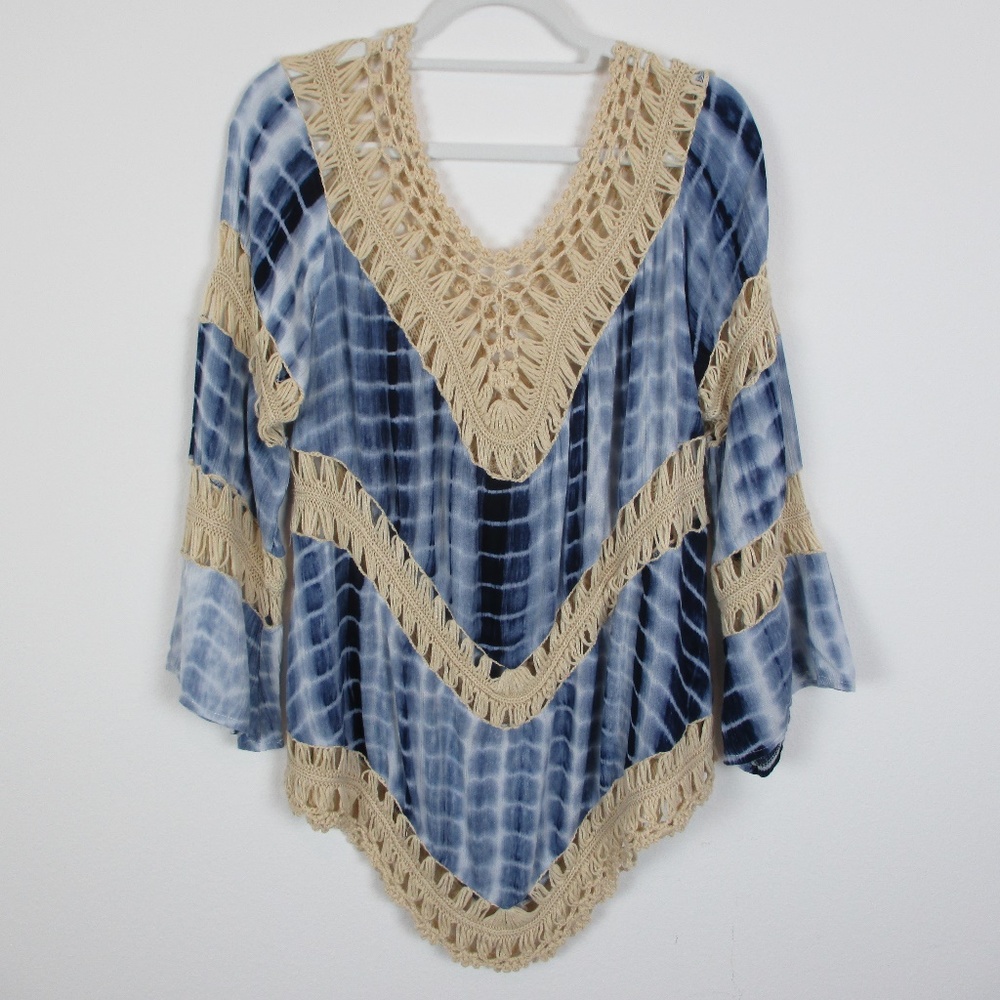 Umgee BoHo Blue Tie-Dye Long Sleeve Crotched Top L